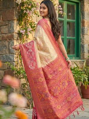 cream pochampalli silk blend saree  soft & elegant indian wear 2