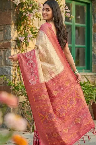 cream pochampalli silk blend saree  soft & elegant indian wear