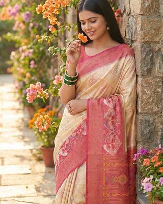 cream pochampalli silk blend saree  soft & elegant indian wear 3
