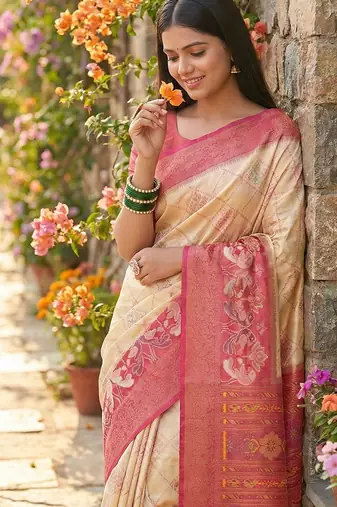 cream pochampalli silk blend saree  soft & elegant indian wear