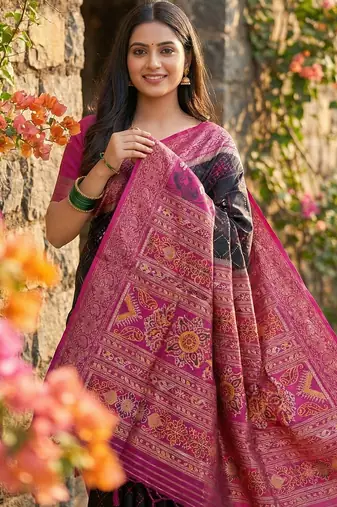  black pochampalli silk blend saree  soft & elegant indian wear