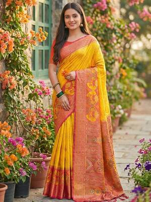  yellow pochampalli silk blend saree  soft & elegant indian wear 1
