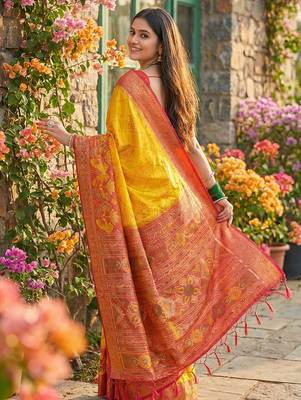  yellow pochampalli silk blend saree  soft & elegant indian wear 2