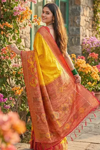  yellow pochampalli silk blend saree  soft & elegant indian wear