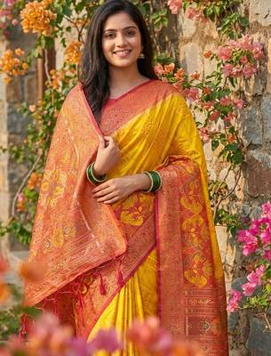  yellow pochampalli silk blend saree  soft & elegant indian wear 3