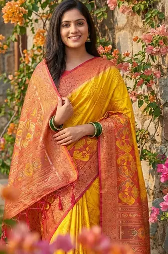  yellow pochampalli silk blend saree  soft & elegant indian wear