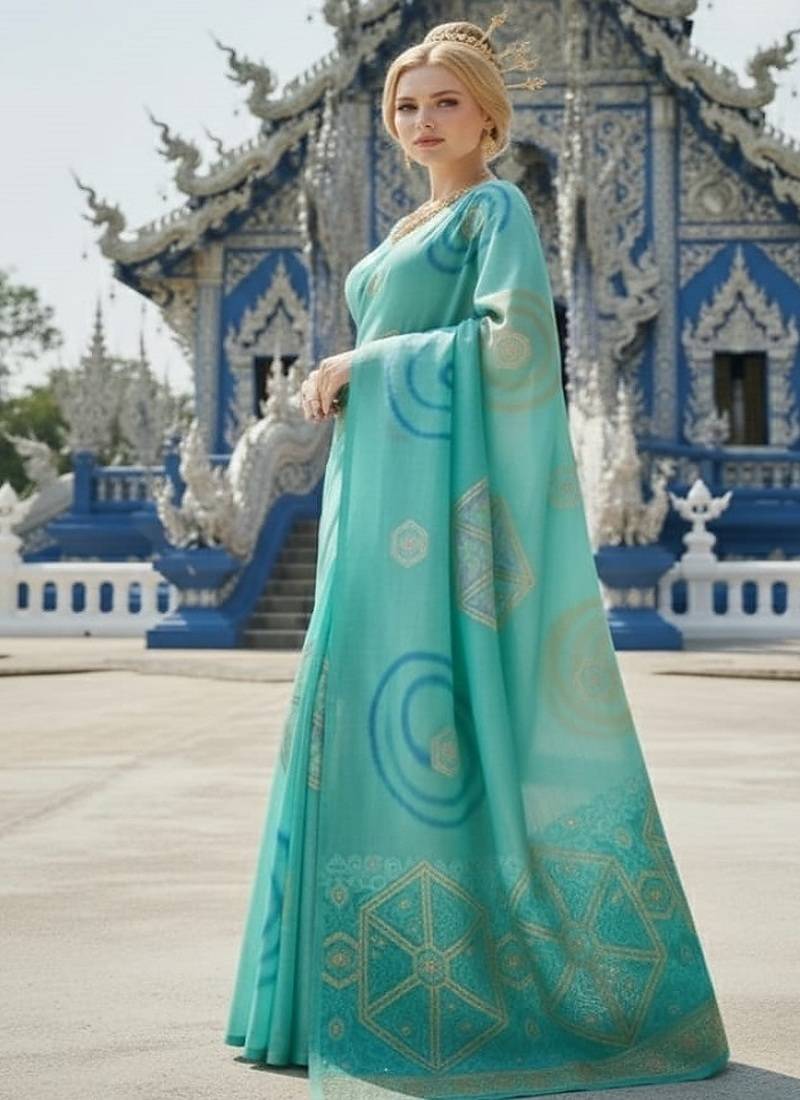 Blue ready to wear jacquard silk  saree and ready to wear jacquard silk  blouse with cup