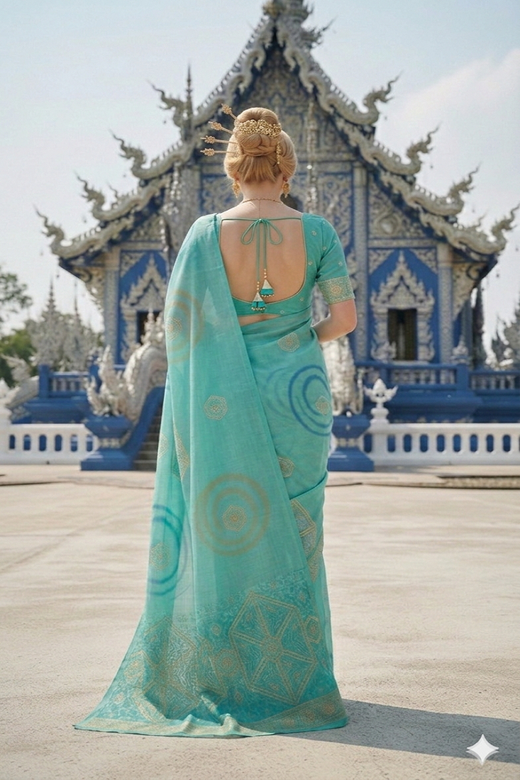 Blue ready to wear jacquard silk  saree and ready to wear jacquard silk  blouse with cup