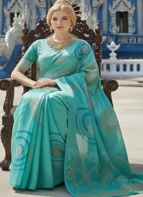 Blue ready to wear jacquard silk  saree and ready to wear jacquard silk  blouse with cup 4