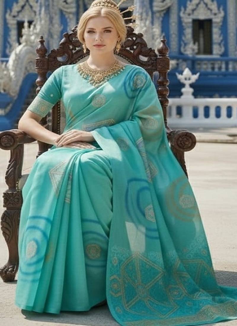 Blue ready to wear jacquard silk  saree and ready to wear jacquard silk  blouse with cup