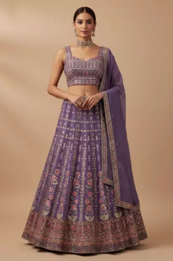 lavender floral zari thread embroidered lehenga set
