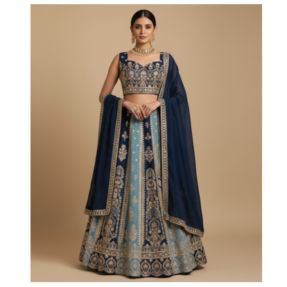 navy sky blue dual tone zari embroidered lehenga set 1