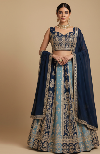 navy sky blue dual tone zari embroidered lehenga set