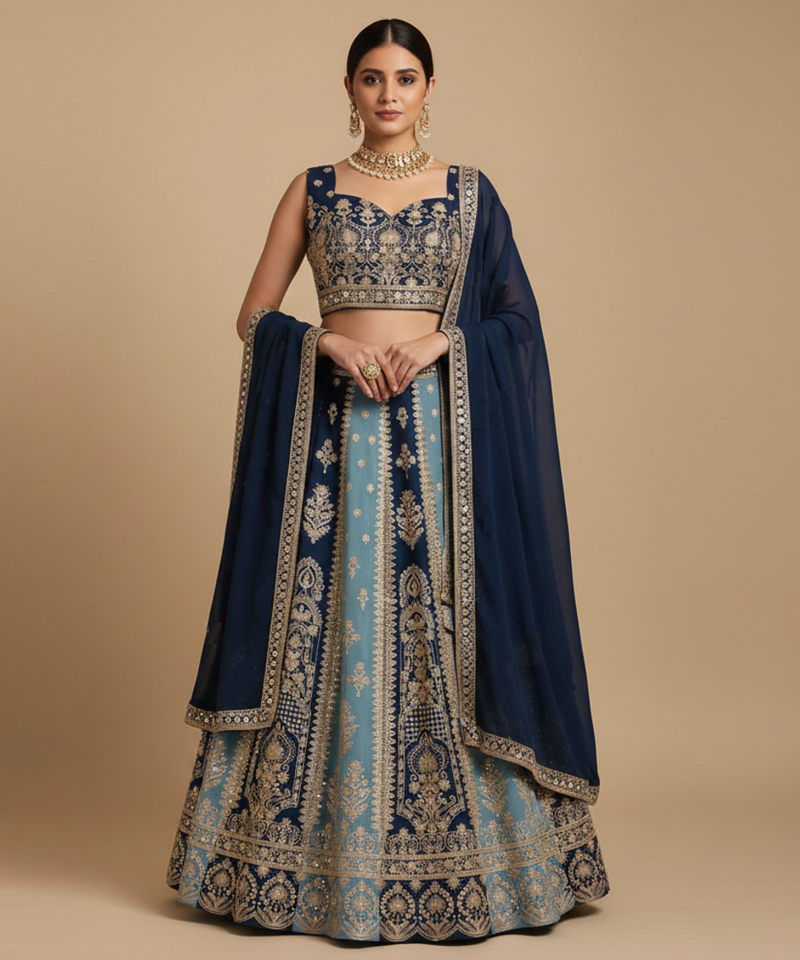 navy sky blue dual tone zari embroidered lehenga set