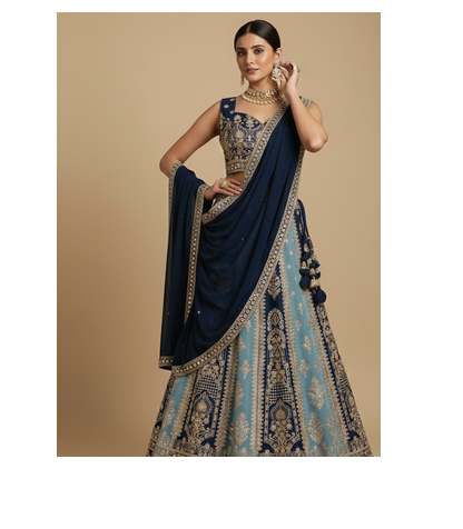 navy sky blue dual tone zari embroidered lehenga set 6