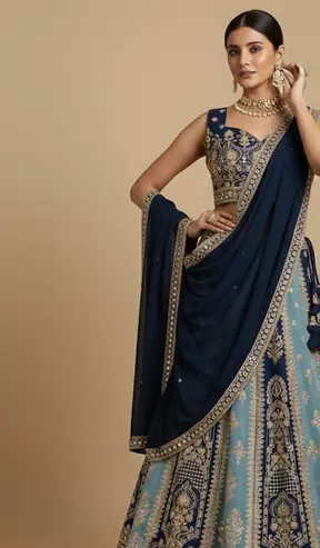 navy sky blue dual tone zari embroidered lehenga set