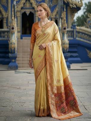 Beige ready to wear jacquard silk  saree and ready to wear jacquard silk  blouse with cup 1