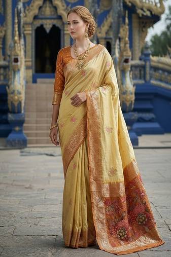 Beige ready to wear jacquard silk  saree and ready to wear jacquard silk  blouse with cup