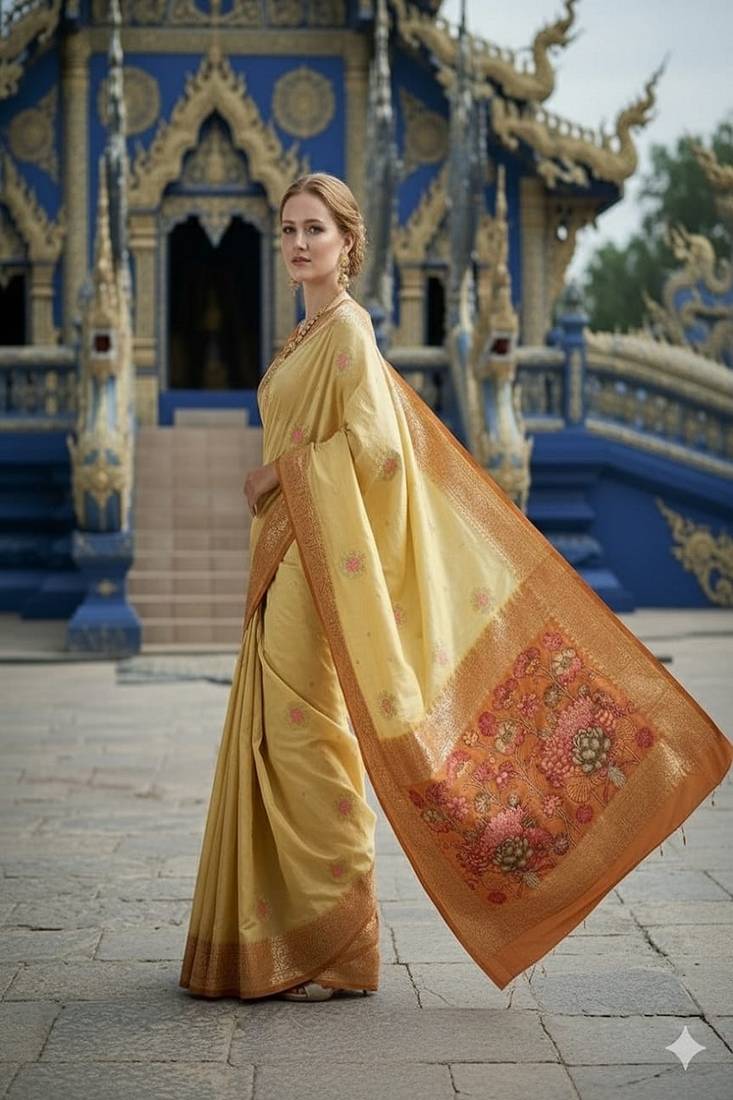 Beige ready to wear jacquard silk  saree and ready to wear jacquard silk  blouse with cup