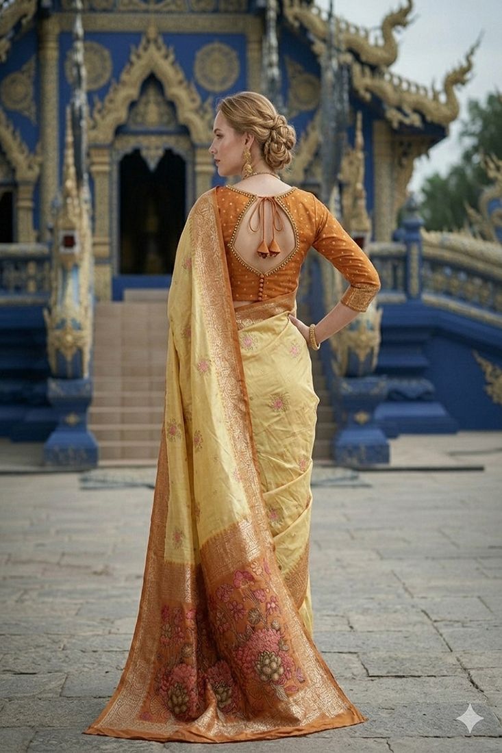 Beige ready to wear jacquard silk  saree and ready to wear jacquard silk  blouse with cup