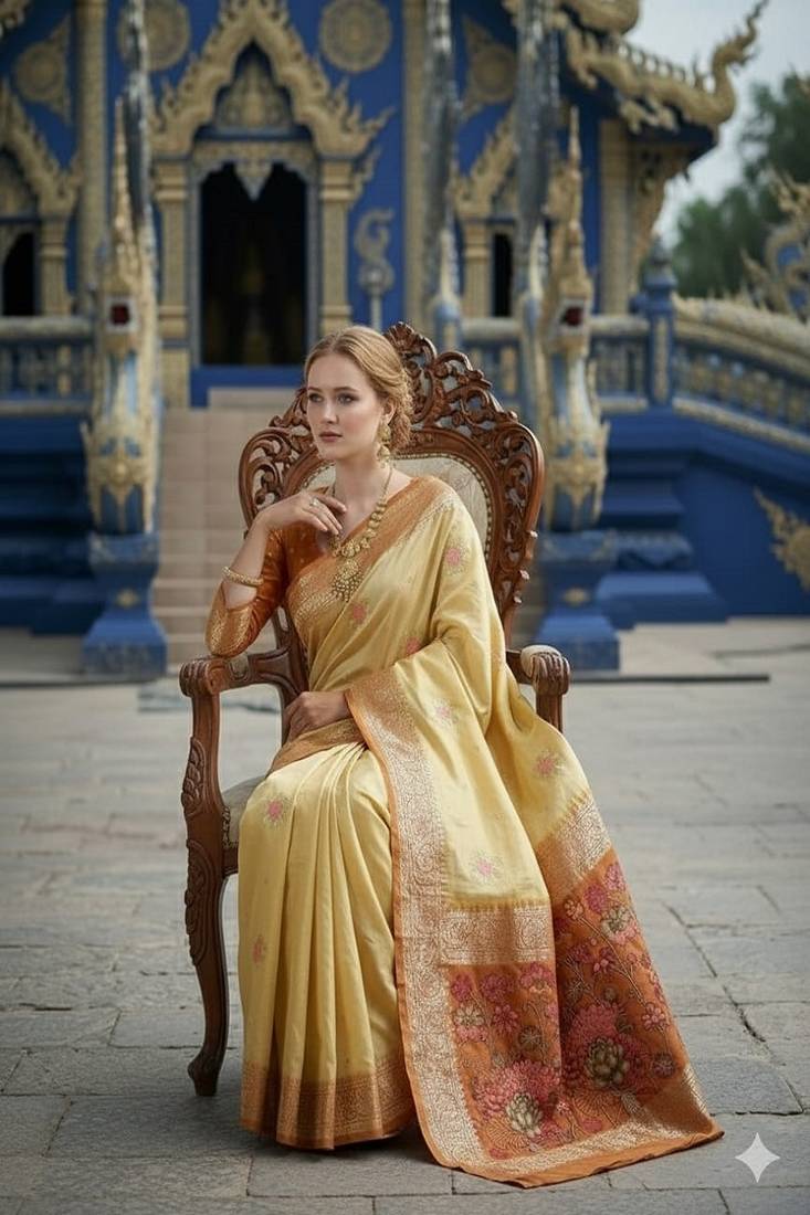 Beige ready to wear jacquard silk  saree and ready to wear jacquard silk  blouse with cup