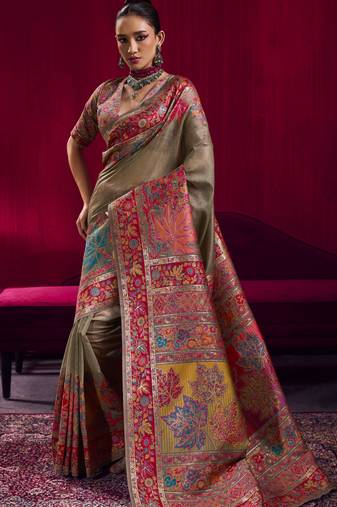 dark chiku elegant modal pashmina handloom saree with matching blouse