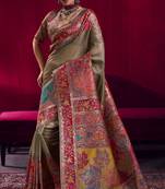 dark chiku elegant modal pashmina handloom saree with matching blouse