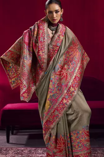 dark chiku elegant modal pashmina saree with matching blouse
