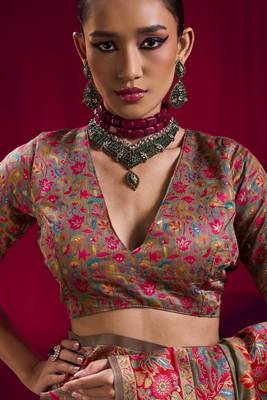dark chiku elegant modal pashmina saree with matching blouse 3