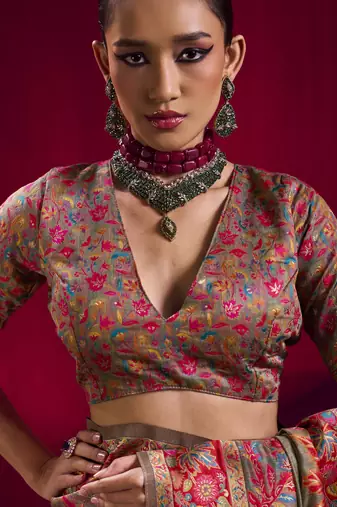 dark chiku elegant modal pashmina saree with matching blouse