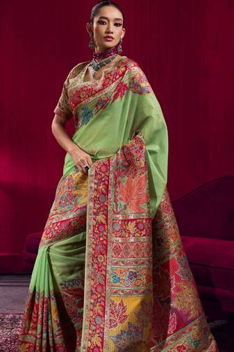 green elegant modal pashmina handloom saree with matching blouse
