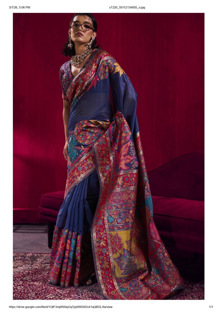 Navy blue elegant modal pashmina handloom saree with matching blouse