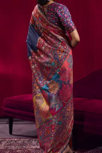 Navy blue elegant modal pashmina saree with matching blouse