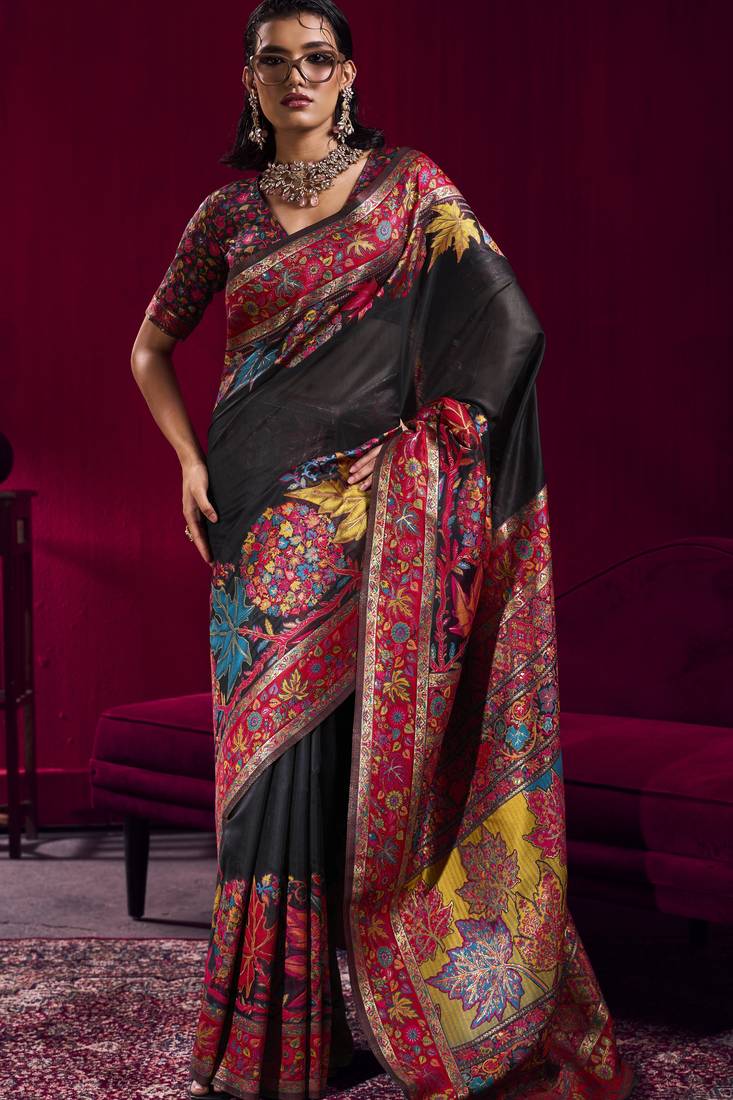 Black elegant modal pashmina handloom saree with matching blouse