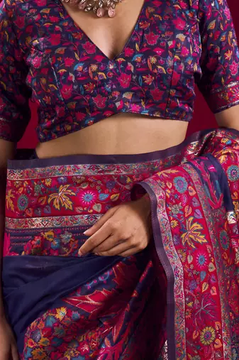 Navy blue elegant modal pashmina saree with matching blouse