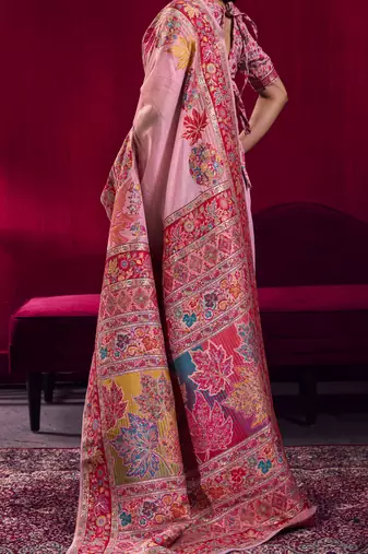 Baby pink elegant modal pashmina saree with matching blouse