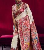 White elegant modal pashmina handloom saree with matching blouse