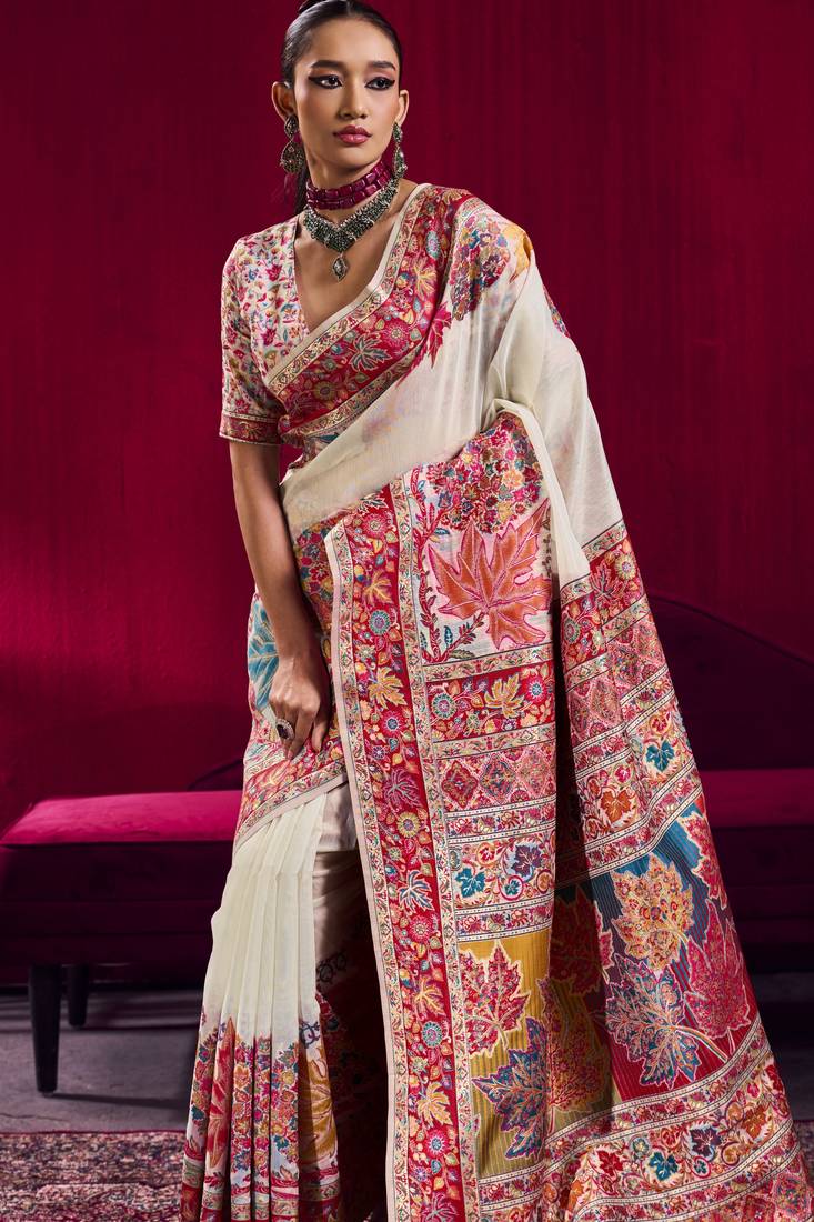 White elegant modal pashmina handloom saree with matching blouse