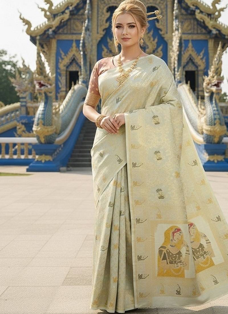 Green ready to wear jacquard silk  saree and ready to wear jacquard silk  blouse with cup