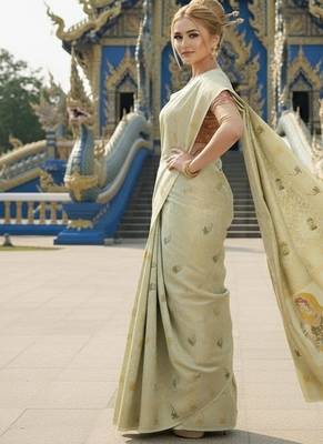 Green ready to wear jacquard silk  saree and ready to wear jacquard silk  blouse with cup 2