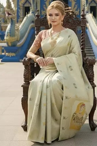 Green ready to wear jacquard silk  saree and ready to wear jacquard silk  blouse with cup