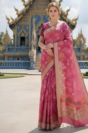 Pink ready to wear jacquard silk  saree and ready to wear jacquard silk  blouse with cup