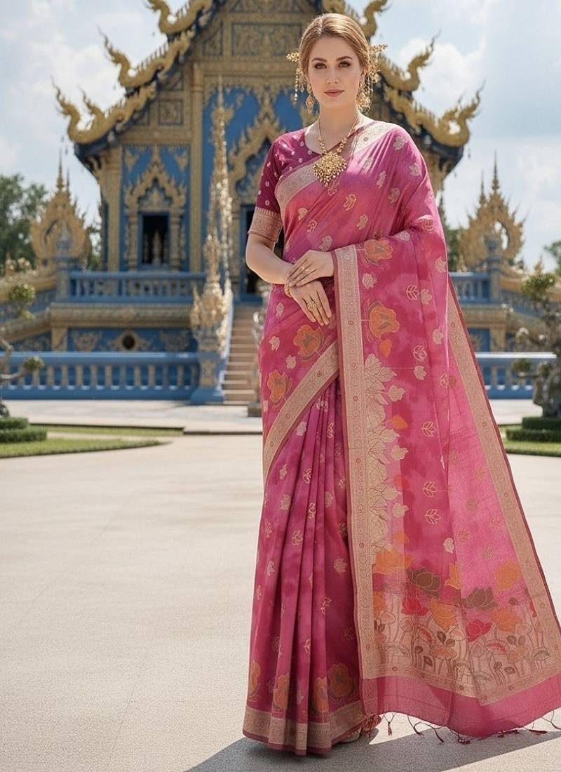 Pink ready to wear jacquard silk  saree and ready to wear jacquard silk  blouse with cup