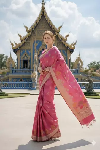 Pink ready to wear jacquard silk  saree and ready to wear jacquard silk  blouse with cup