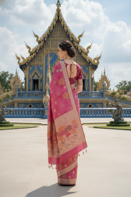 Pink ready to wear jacquard silk  saree and ready to wear jacquard silk  blouse with cup 3