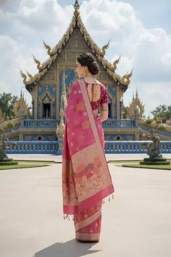 Pink ready to wear jacquard silk  saree and ready to wear jacquard silk  blouse with cup