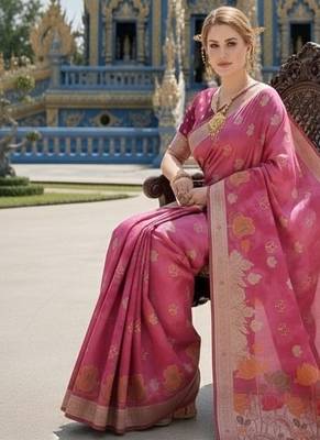 Pink ready to wear jacquard silk  saree and ready to wear jacquard silk  blouse with cup 4
