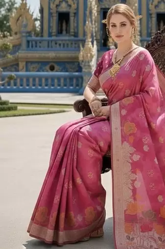 Pink ready to wear jacquard silk  saree and ready to wear jacquard silk  blouse with cup