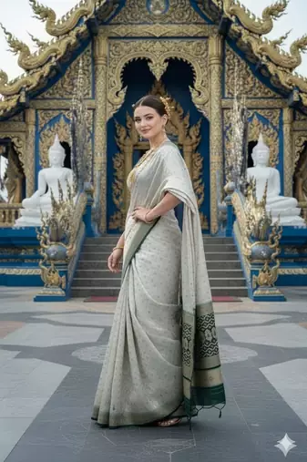 Green ready to wear jacquard silk  saree and ready to wear jacquard silk  blouse with cup