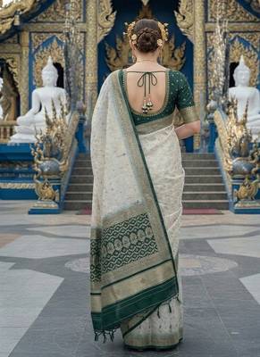 Green ready to wear jacquard silk  saree and ready to wear jacquard silk  blouse with cup 3